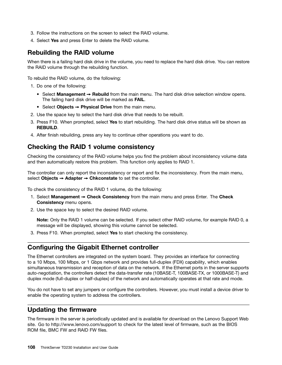 Rebuilding the raid volume, Checking the raid 1 volume consistency, Configuring the gigabit ethernet controller | Updating the firmware | Lenovo THINKSERVER TD230 User Manual | Page 118 / 150