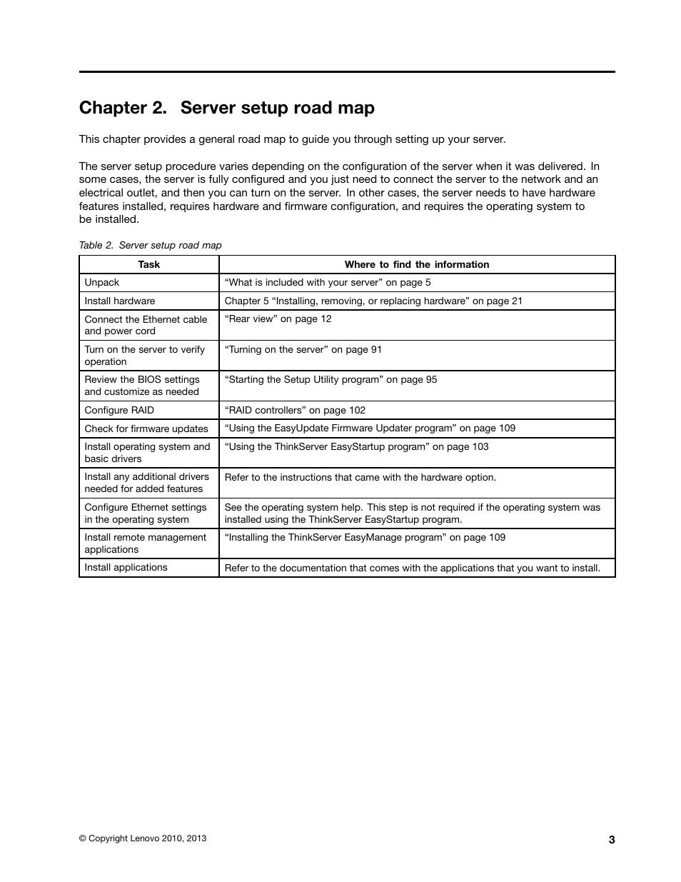 Chapter 2. server setup road map | Lenovo THINKSERVER TD230 User Manual | Page 13 / 150