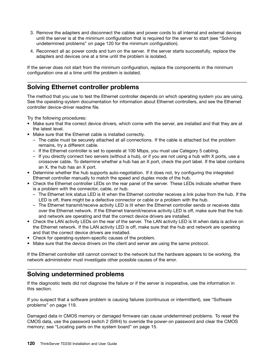 Solving ethernet controller problems, Solving undetermined problems | Lenovo THINKSERVER TD230 User Manual | Page 130 / 150