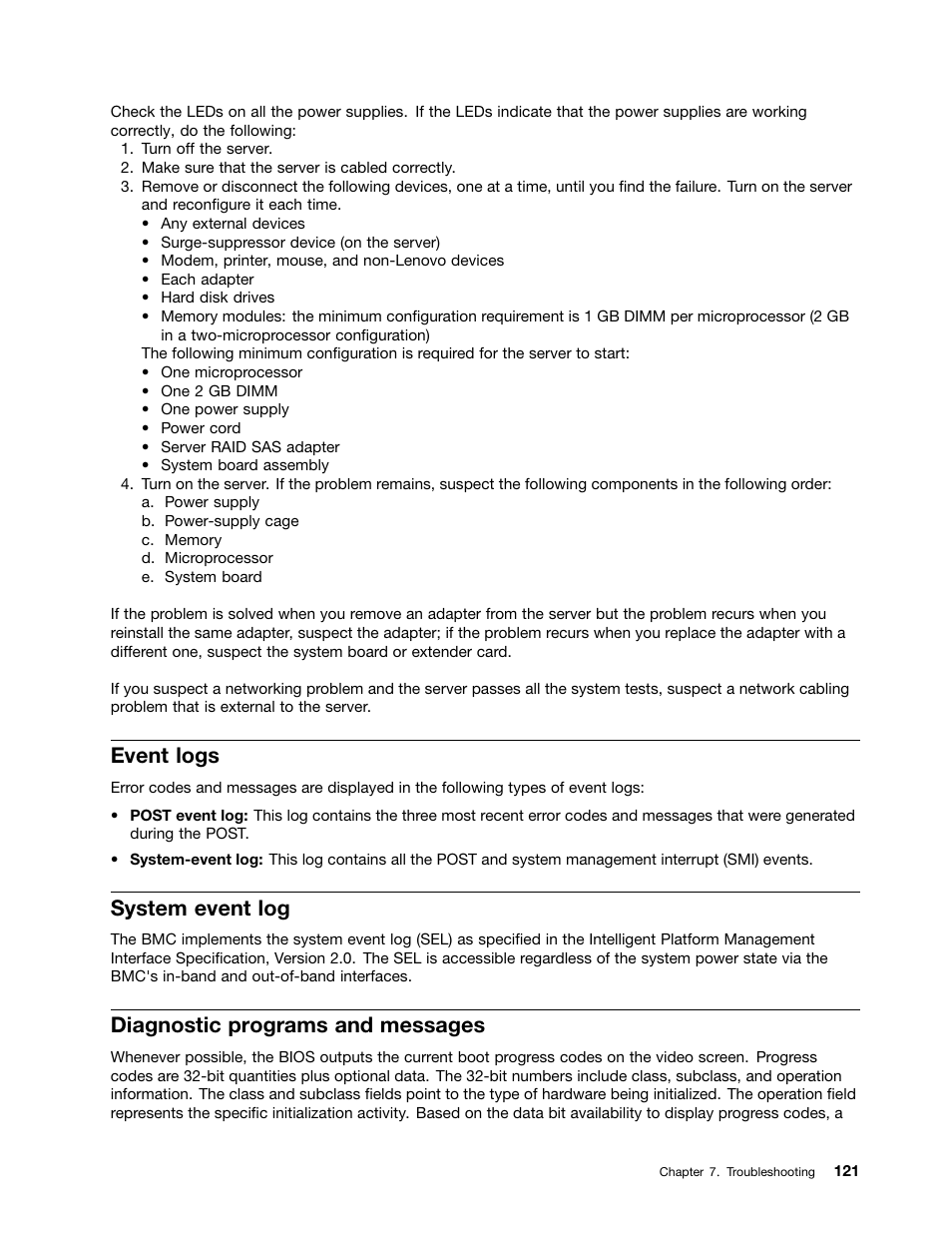Event logs, System event log, Diagnostic programs and messages | Lenovo THINKSERVER TD230 User Manual | Page 131 / 150
