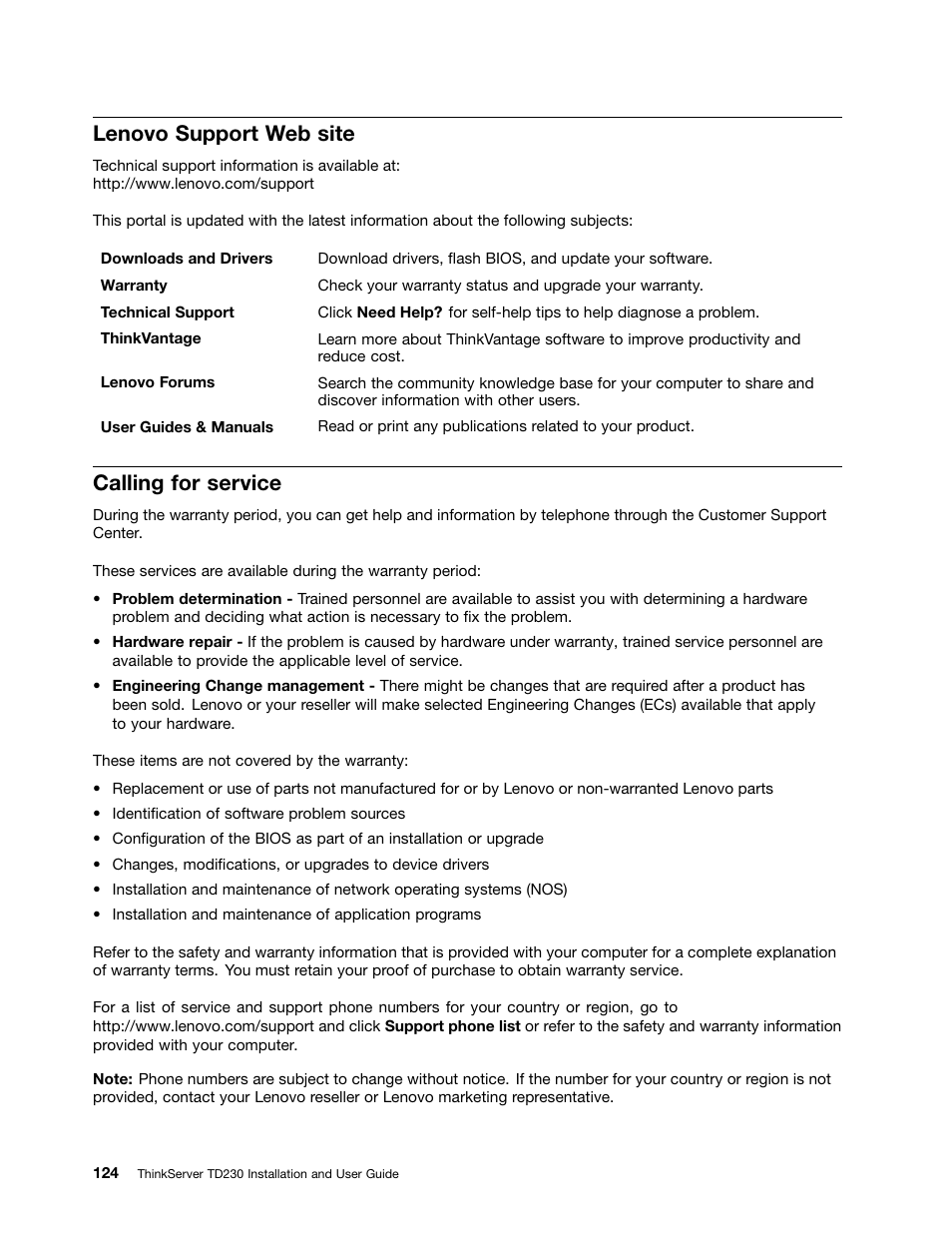 Lenovo support web site, Calling for service | Lenovo THINKSERVER TD230 User Manual | Page 134 / 150