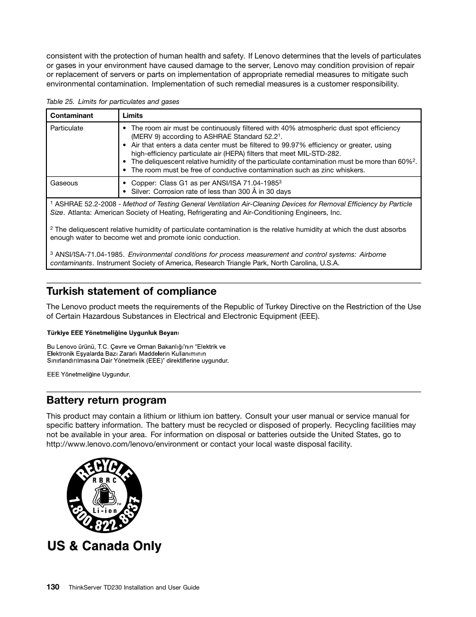 Turkish statement of compliance, Battery return program | Lenovo THINKSERVER TD230 User Manual | Page 140 / 150