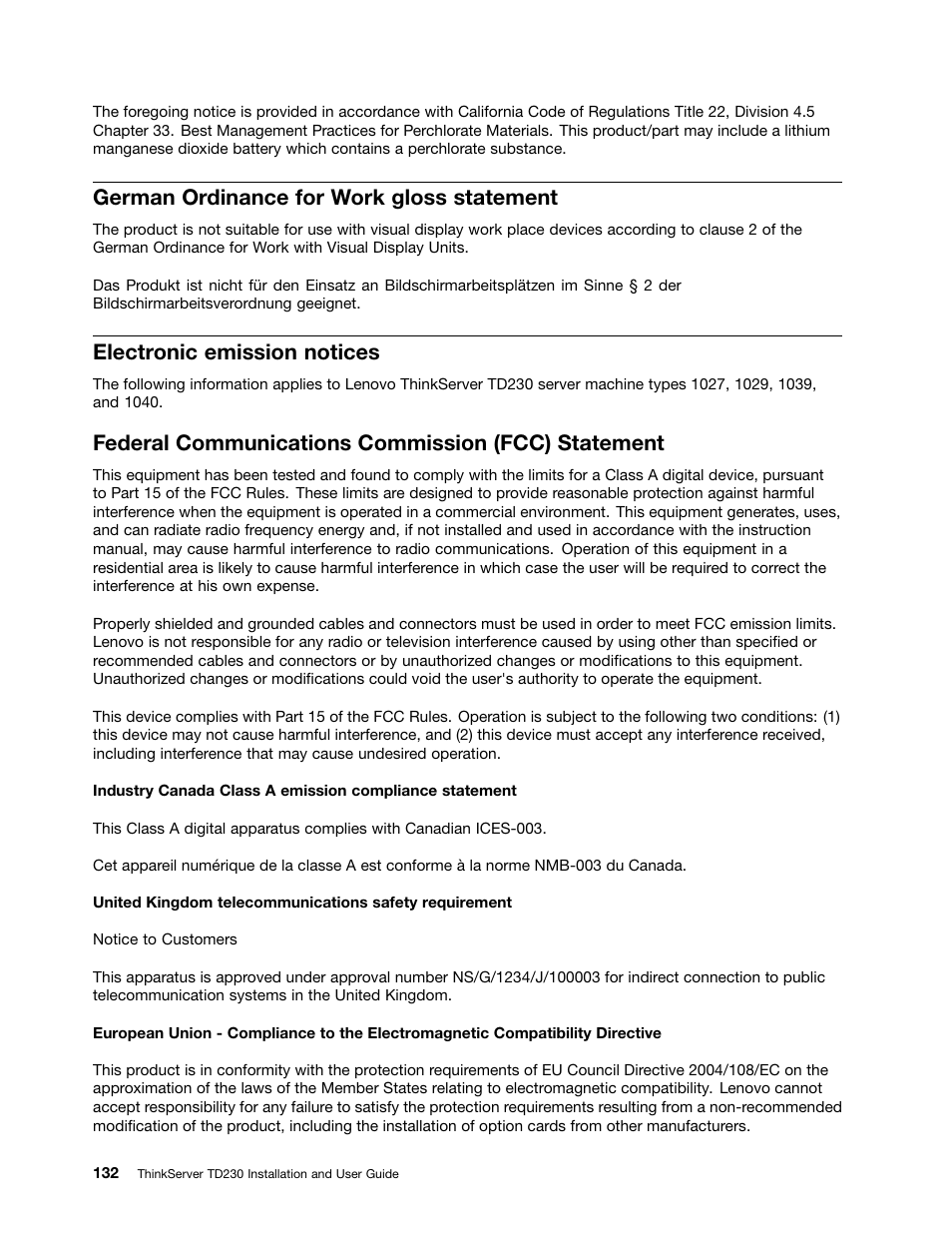 German ordinance for work gloss statement, Electronic emission notices, Federal communications commission (fcc) statement | Lenovo THINKSERVER TD230 User Manual | Page 142 / 150