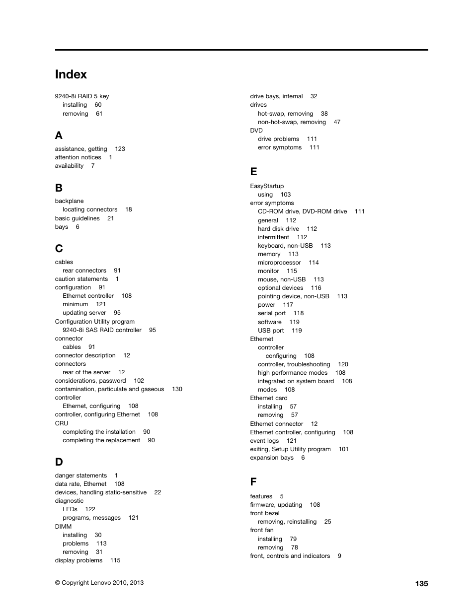 Index | Lenovo THINKSERVER TD230 User Manual | Page 145 / 150