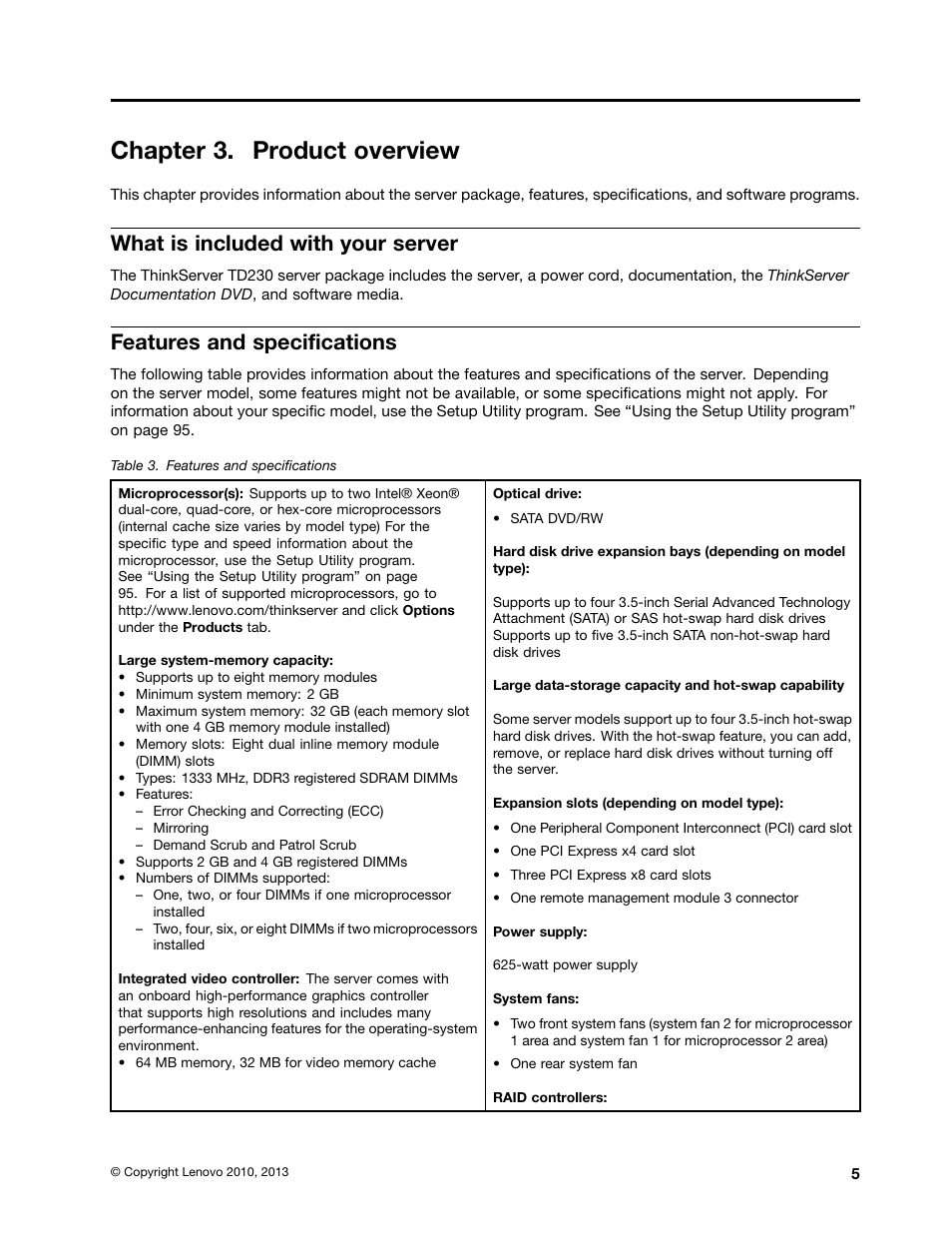Chapter 3. product overview, What is included with your server, Features and specifications | Lenovo THINKSERVER TD230 User Manual | Page 15 / 150