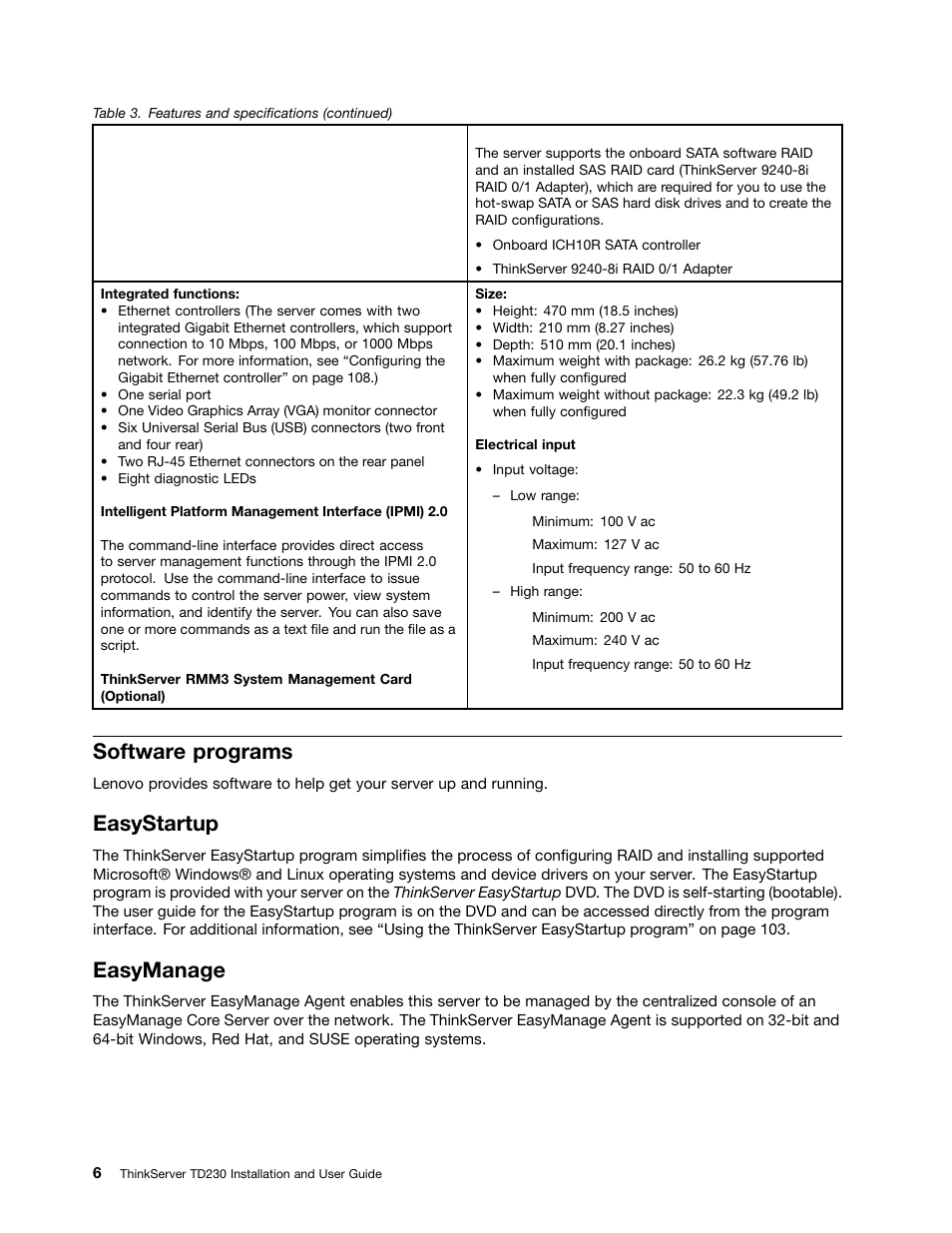 Software programs, Easystartup, Easymanage | Lenovo THINKSERVER TD230 User Manual | Page 16 / 150