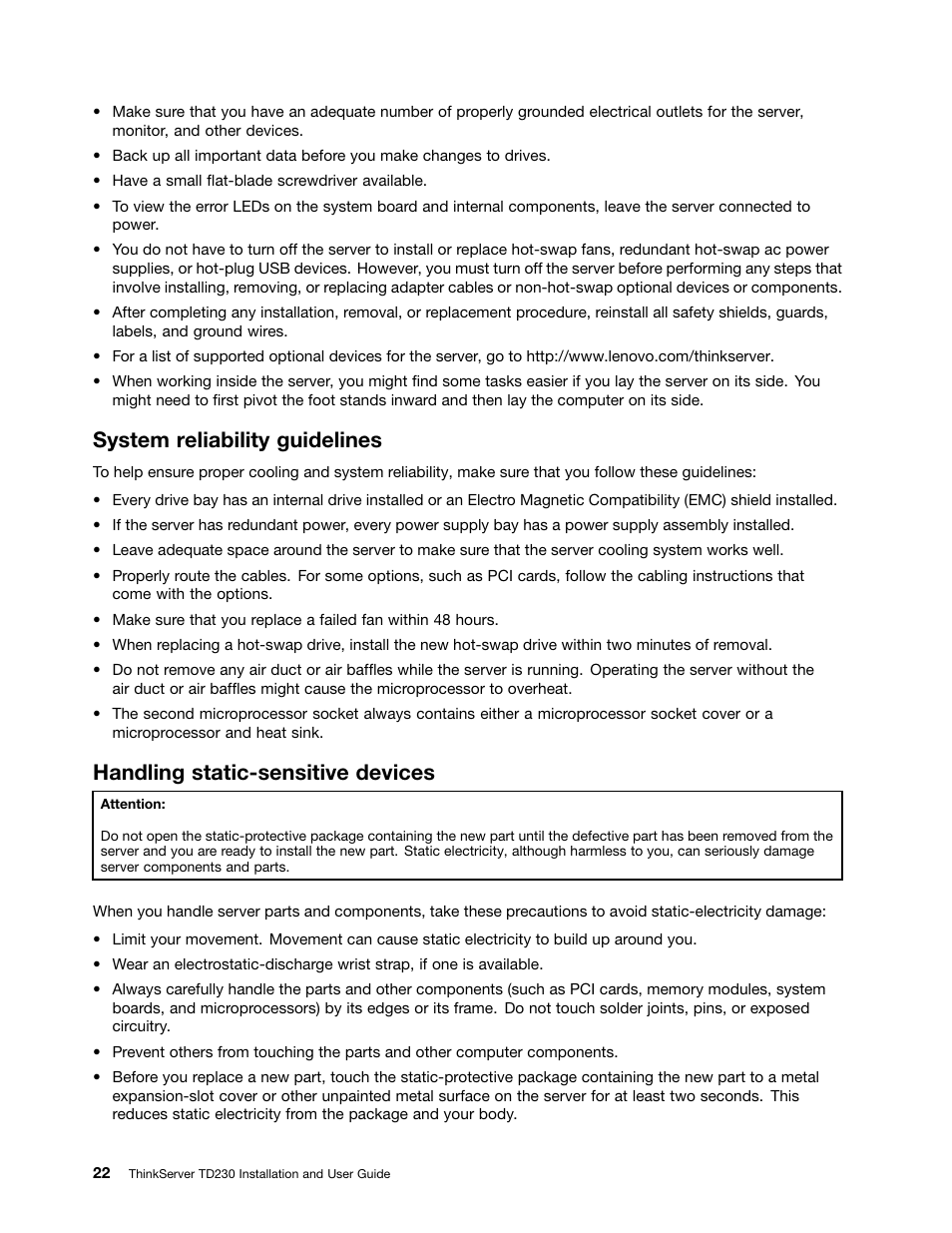 System reliability guidelines, Handling static-sensitive devices | Lenovo THINKSERVER TD230 User Manual | Page 32 / 150