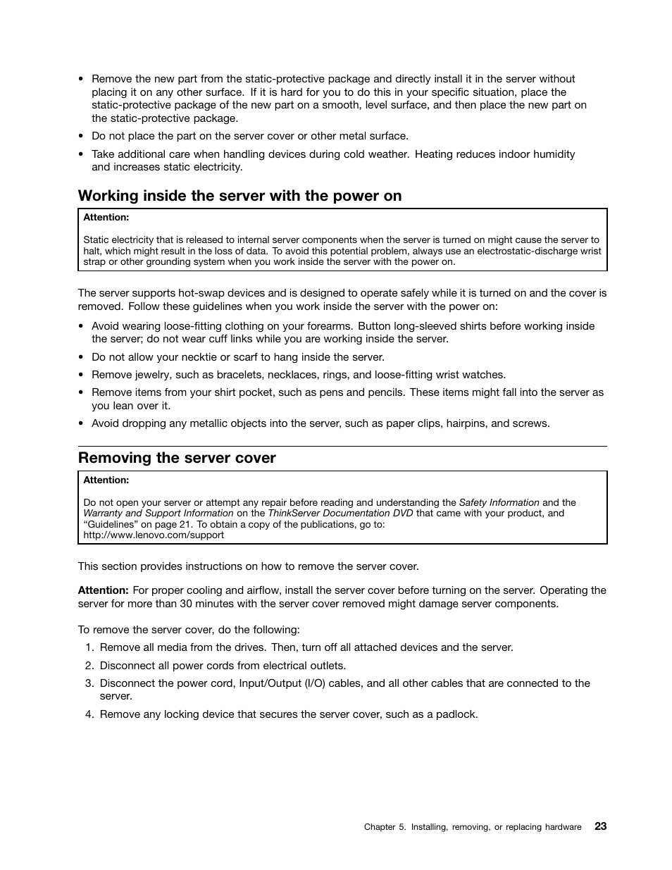 Working inside the server with the power on, Removing the server cover | Lenovo THINKSERVER TD230 User Manual | Page 33 / 150