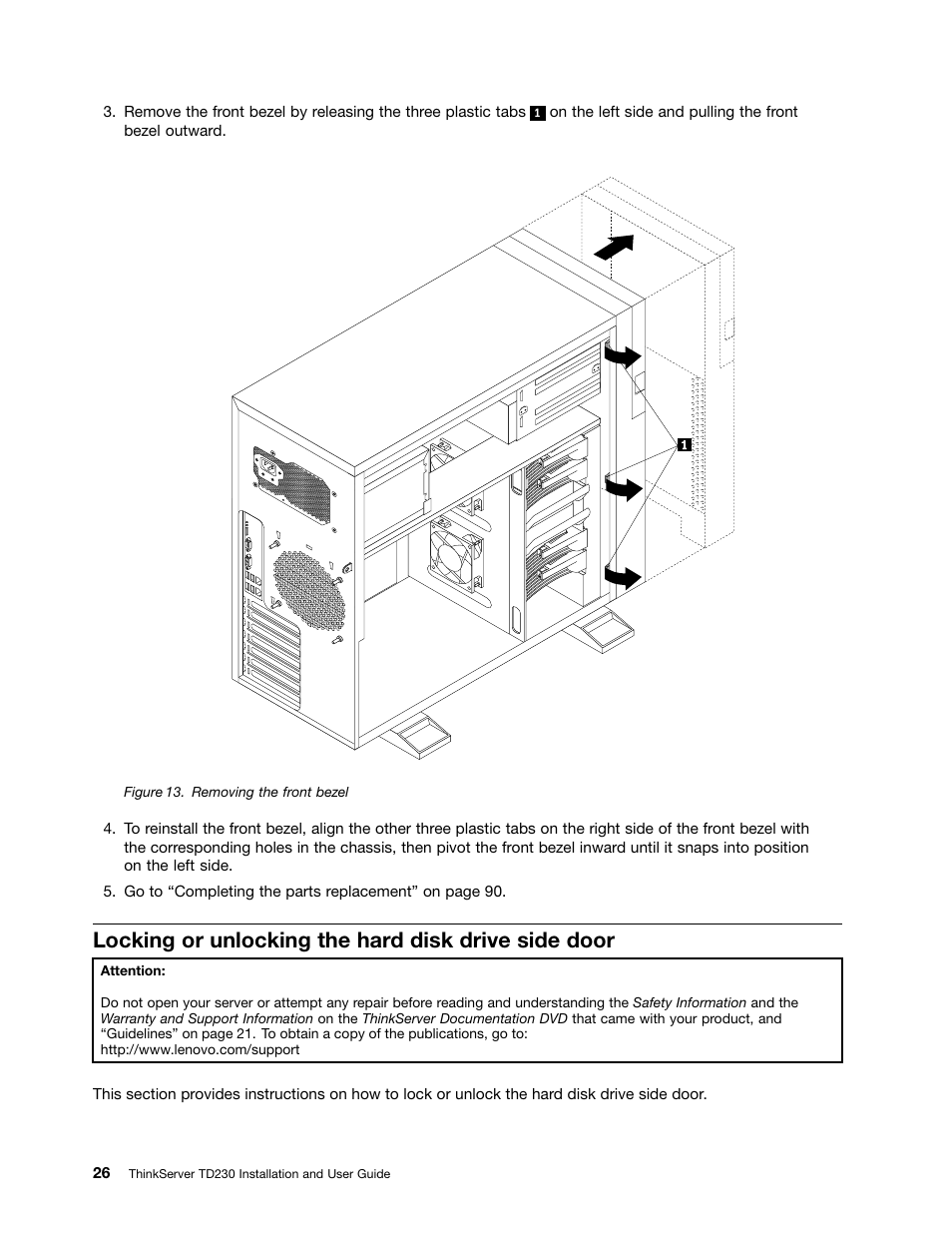 Locking or unlocking the hard disk drive side door | Lenovo THINKSERVER TD230 User Manual | Page 36 / 150