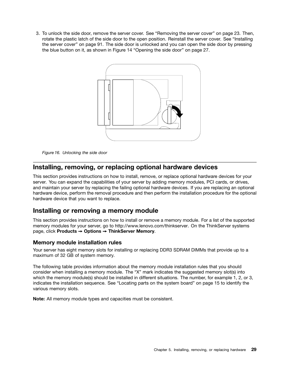 Installing or removing a memory module | Lenovo THINKSERVER TD230 User Manual | Page 39 / 150