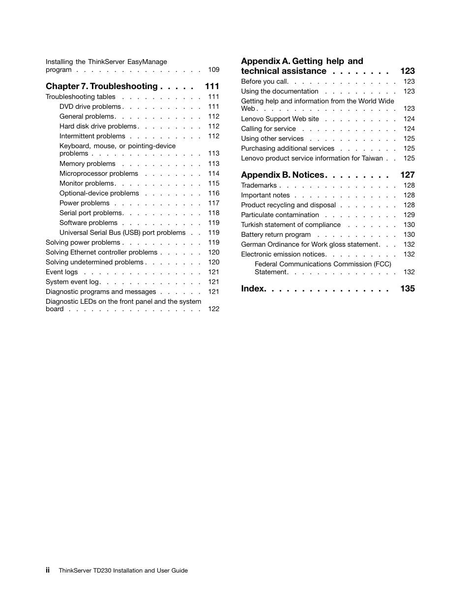 Chapter 7. troubleshooting, Appendix a. getting help and technical assistance, Appendix b. notices | Index | Lenovo THINKSERVER TD230 User Manual | Page 4 / 150