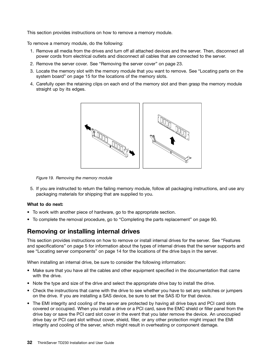 Removing or installing internal drives | Lenovo THINKSERVER TD230 User Manual | Page 42 / 150