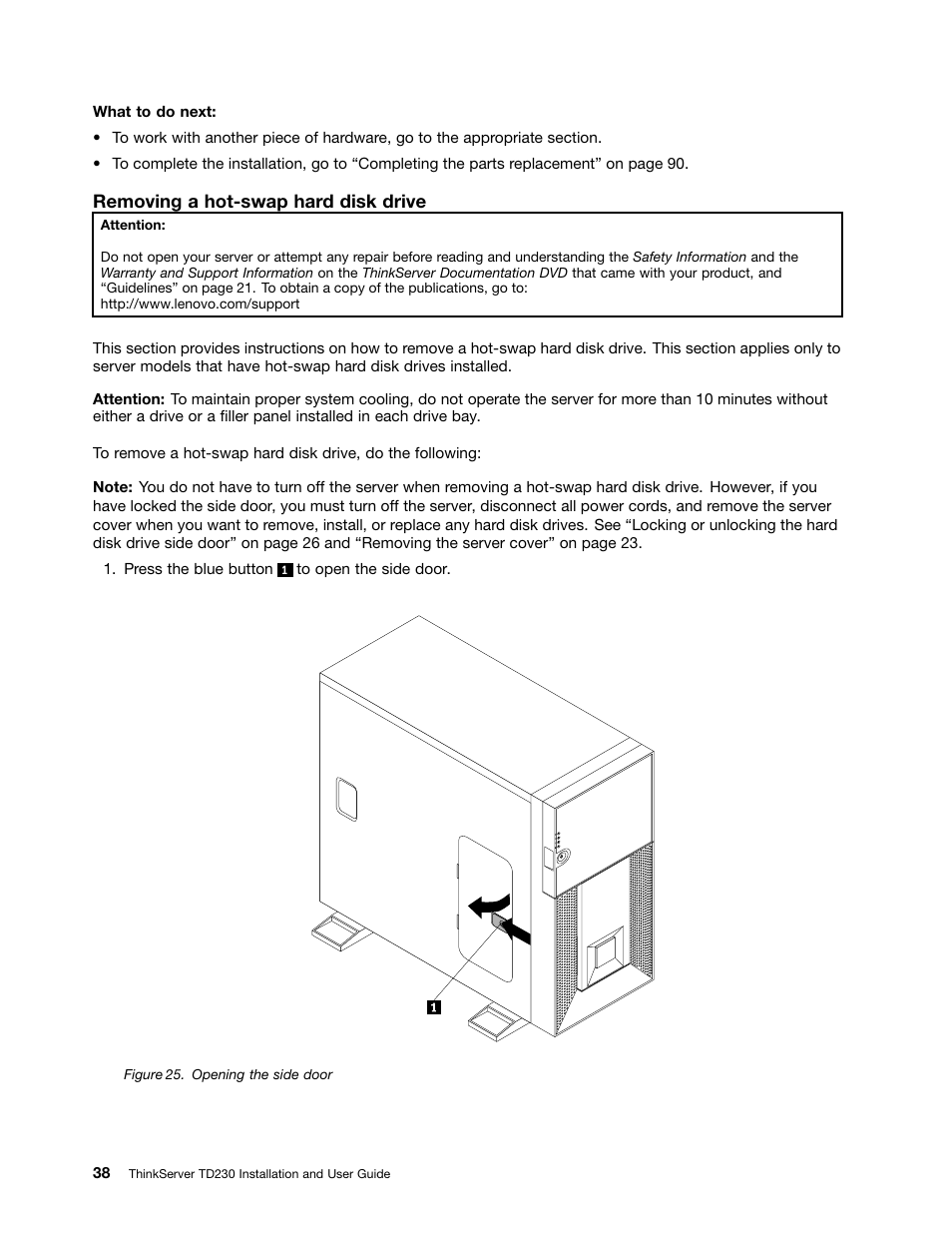 Removing a hot-swap hard disk drive | Lenovo THINKSERVER TD230 User Manual | Page 48 / 150