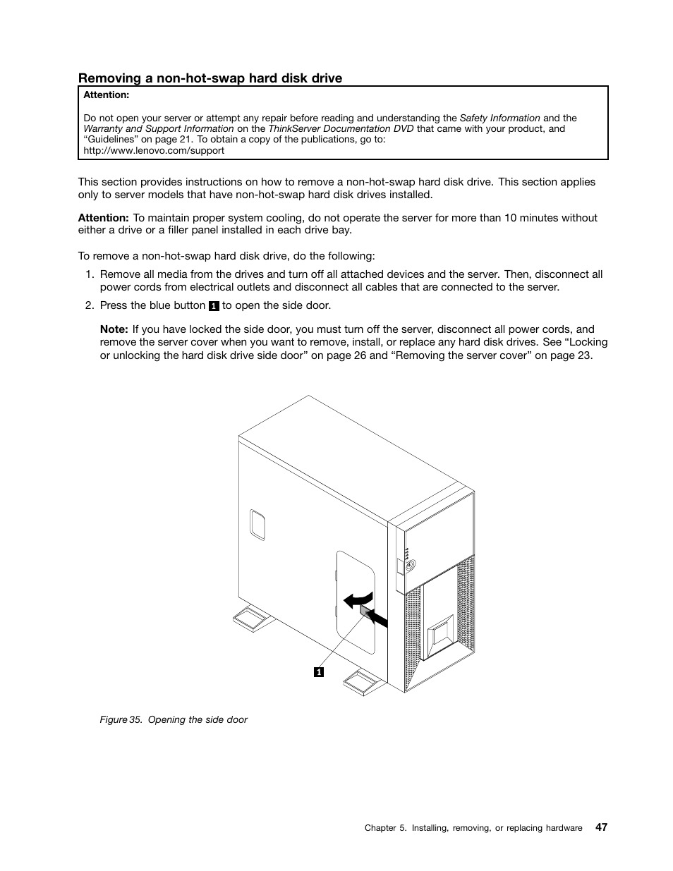 Removing a non-hot-swap hard disk drive | Lenovo THINKSERVER TD230 User Manual | Page 57 / 150