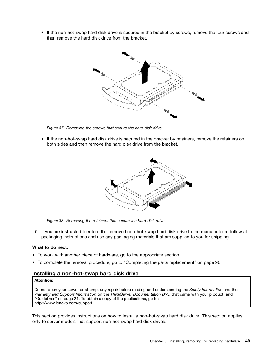Installing a non-hot-swap hard disk drive | Lenovo THINKSERVER TD230 User Manual | Page 59 / 150