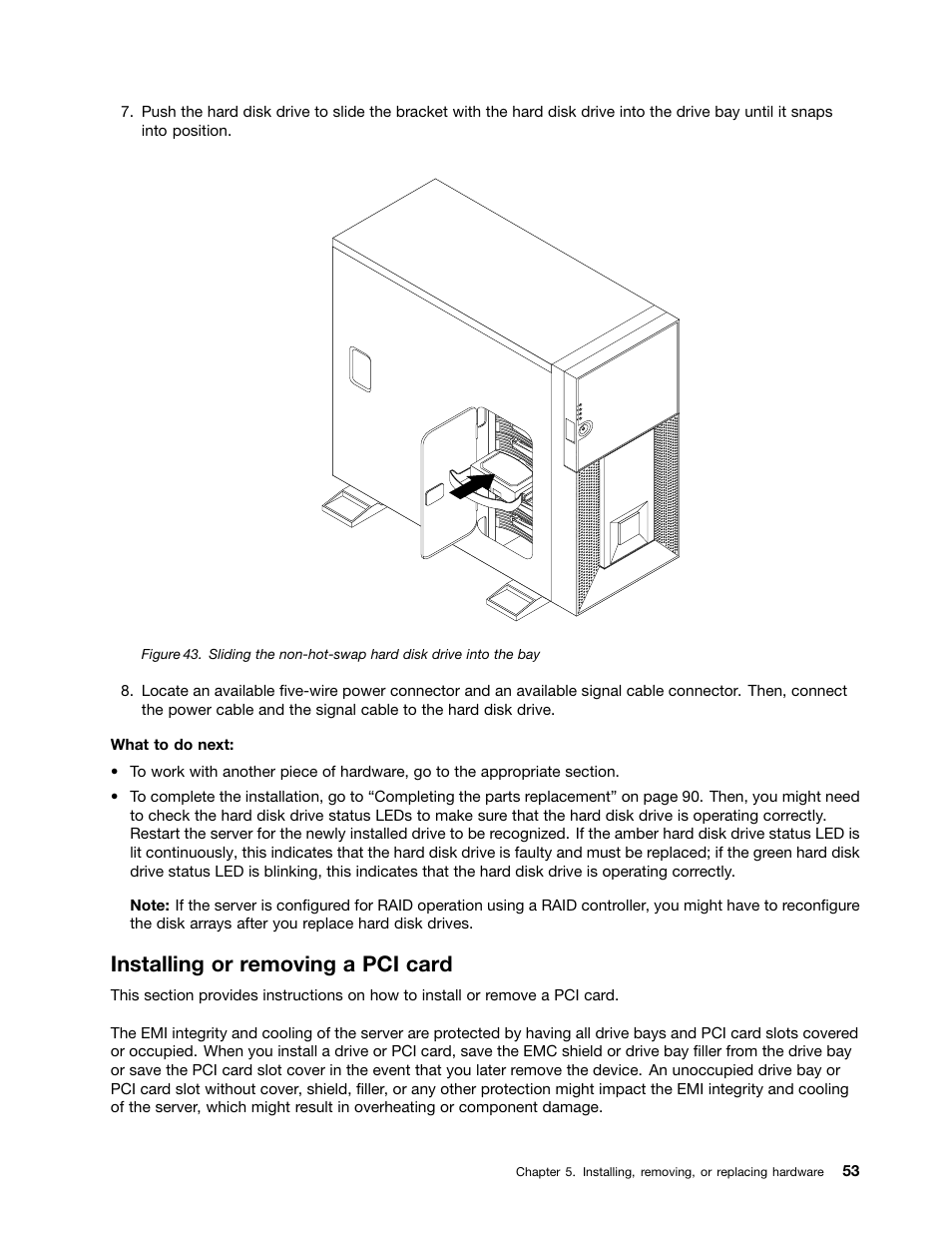 Installing or removing a pci card | Lenovo THINKSERVER TD230 User Manual | Page 63 / 150