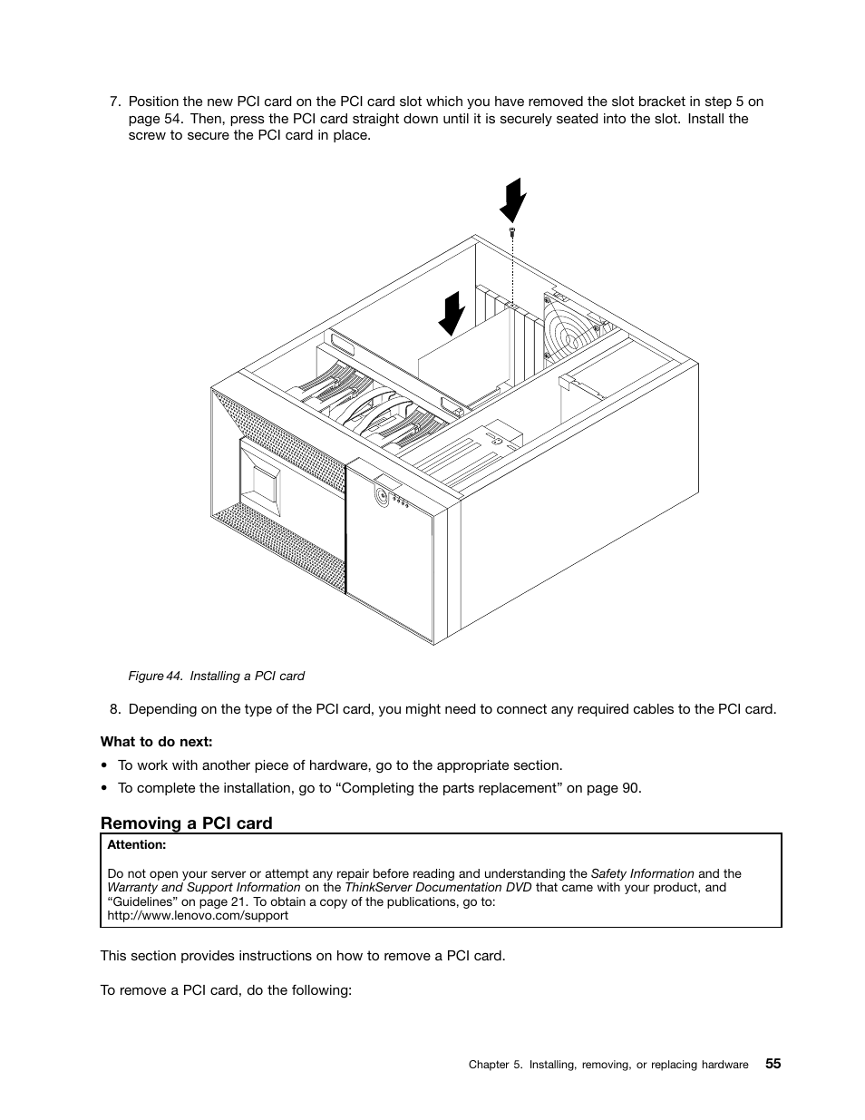 Removing a pci card | Lenovo THINKSERVER TD230 User Manual | Page 65 / 150