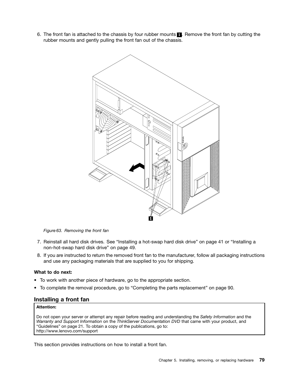 Installing a front fan | Lenovo THINKSERVER TD230 User Manual | Page 89 / 150