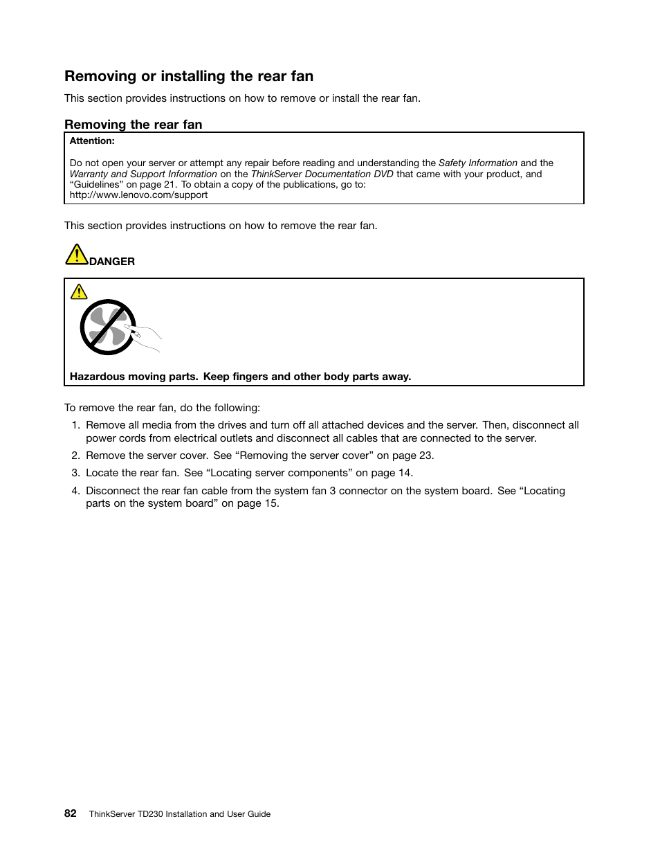 Removing or installing the rear fan | Lenovo THINKSERVER TD230 User Manual | Page 92 / 150