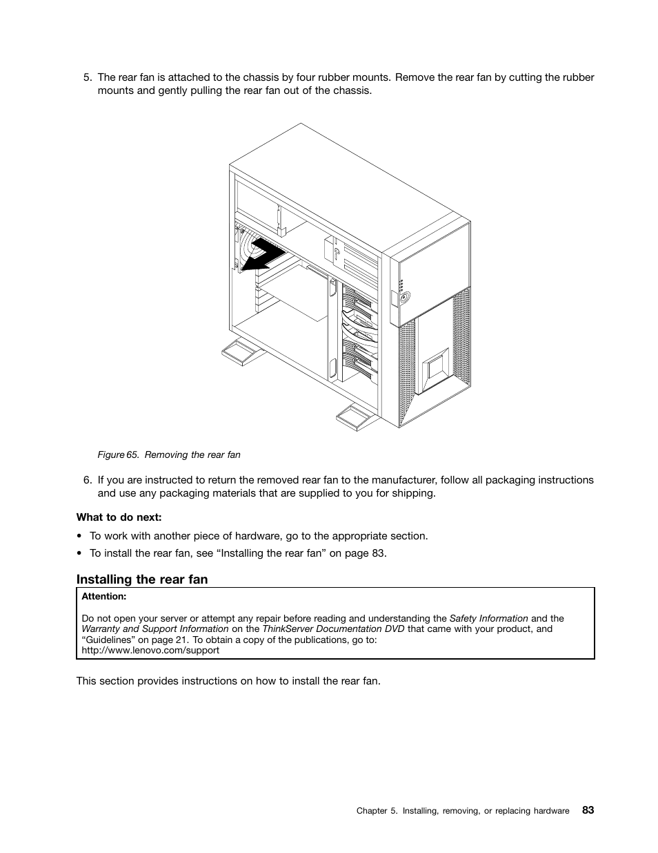 Installing the rear fan | Lenovo THINKSERVER TD230 User Manual | Page 93 / 150