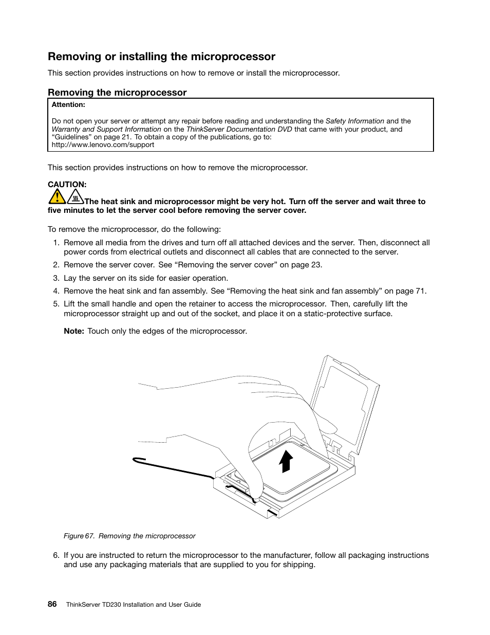 Removing or installing the microprocessor | Lenovo THINKSERVER TD230 User Manual | Page 96 / 150