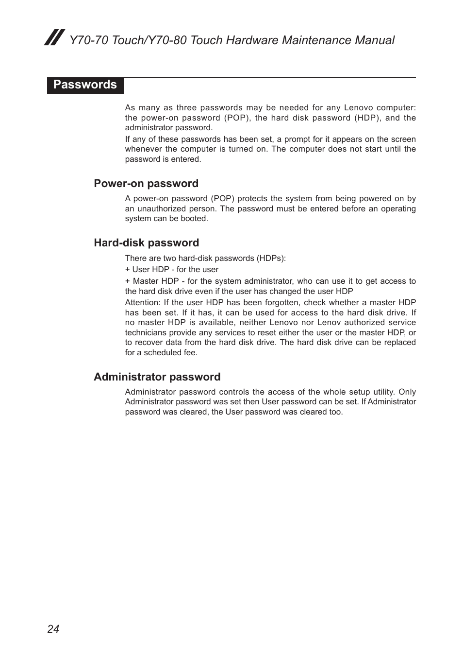 Passwords, Power-on password, Hard-disk password | Administrator password | Lenovo Y70-70 Touch Notebook User Manual | Page 28 / 81