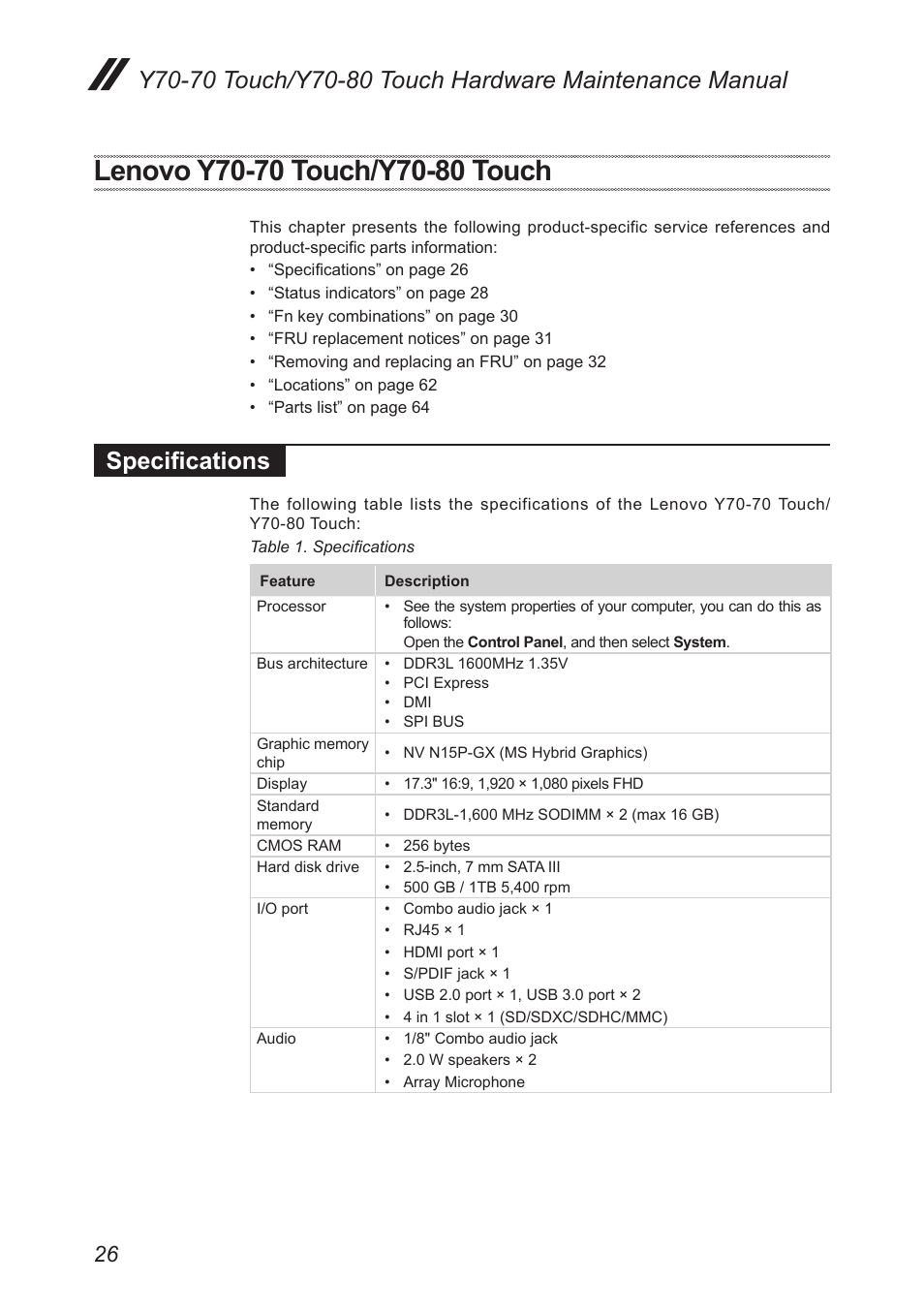 Lenovo y70-70 touch/y70-80 touch, Specifications | Lenovo Y70-70 Touch Notebook User Manual | Page 30 / 81