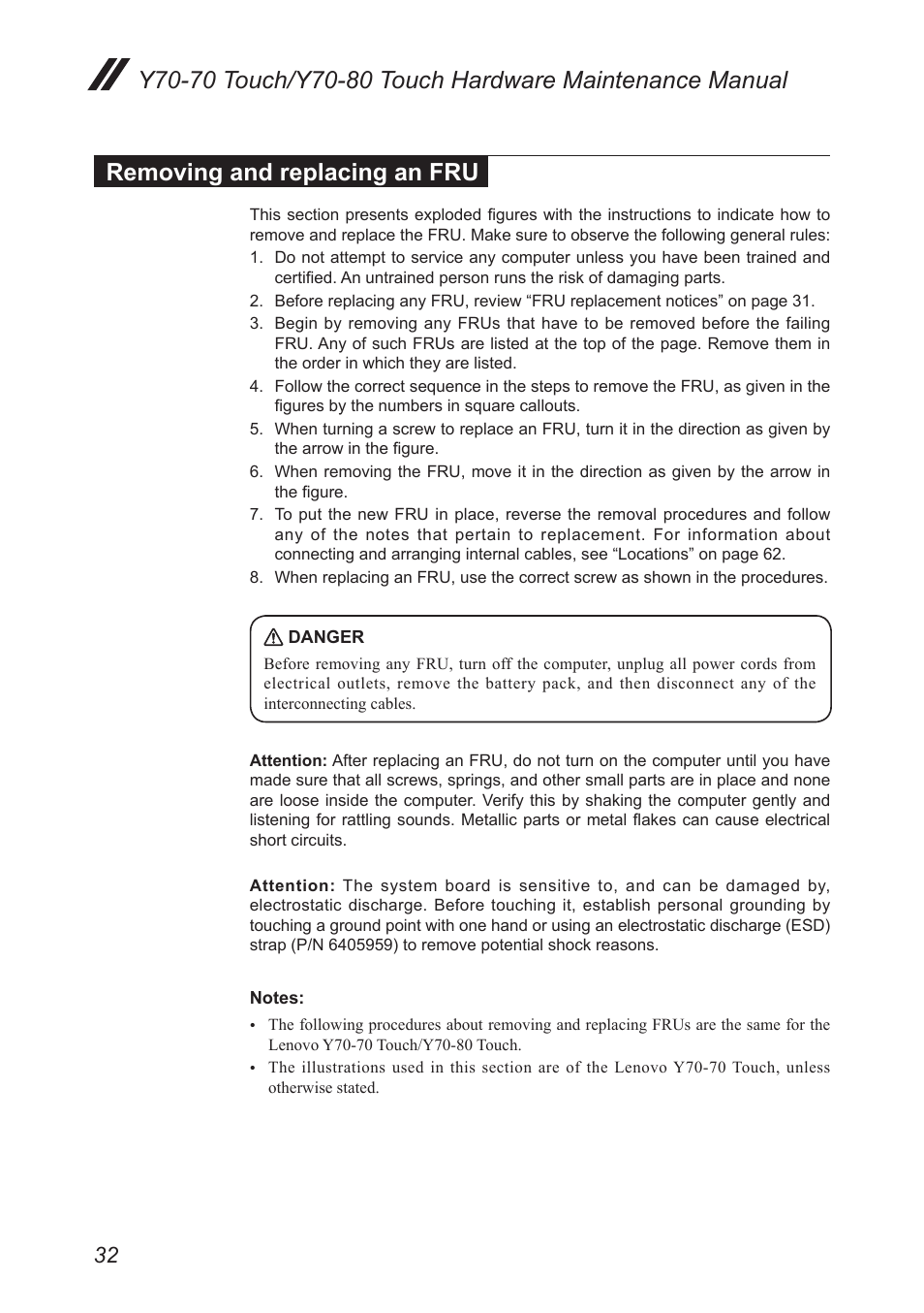 Removing and replacing an fru | Lenovo Y70-70 Touch Notebook User Manual | Page 36 / 81