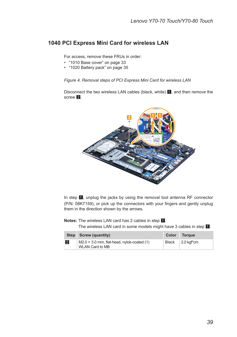 1040 pci express mini card for wireless lan, 1040 pci express mini card for, Wireless lan | Lenovo Y70-70 Touch Notebook User Manual | Page 43 / 81