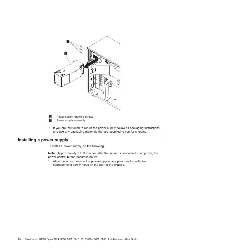 Installing a power supply | Lenovo ThinkServer TD200 User Manual | Page 100 / 228