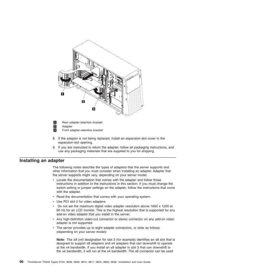 Installing an adapter | Lenovo ThinkServer TD200 User Manual | Page 114 / 228