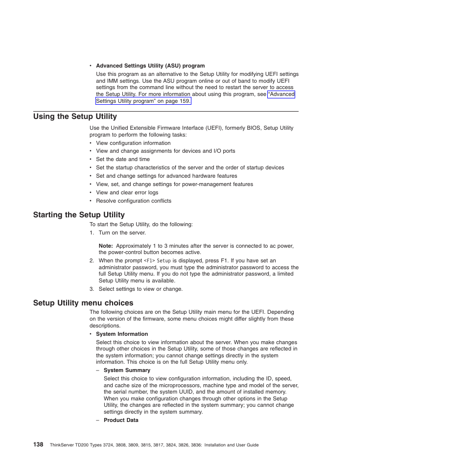 Using the setup utility, Starting the setup utility, Setup utility menu choices | Lenovo ThinkServer TD200 User Manual | Page 156 / 228