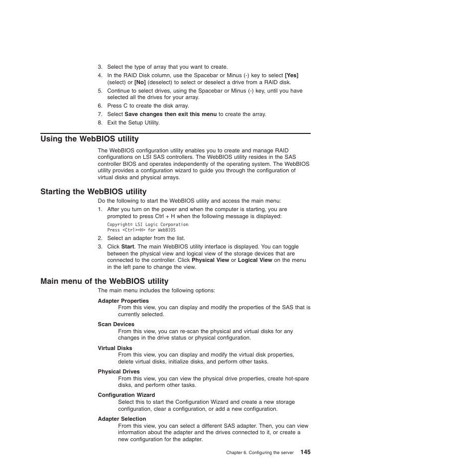 Using the webbios utility, Starting the webbios utility, Main menu of the webbios utility | Lenovo ThinkServer TD200 User Manual | Page 163 / 228