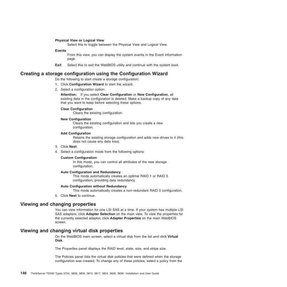 Viewing and changing properties, Viewing and changing virtual disk properties | Lenovo ThinkServer TD200 User Manual | Page 164 / 228