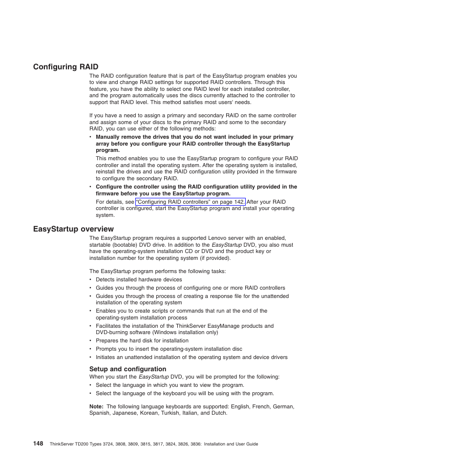 Configuring raid, Easystartup overview, Setup and configuration | Lenovo ThinkServer TD200 User Manual | Page 166 / 228