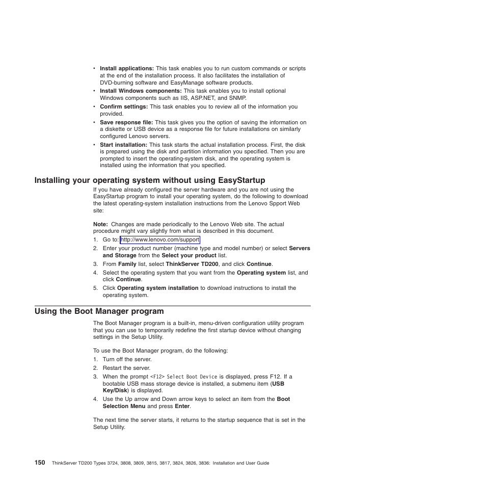 Using the boot manager program | Lenovo ThinkServer TD200 User Manual | Page 168 / 228