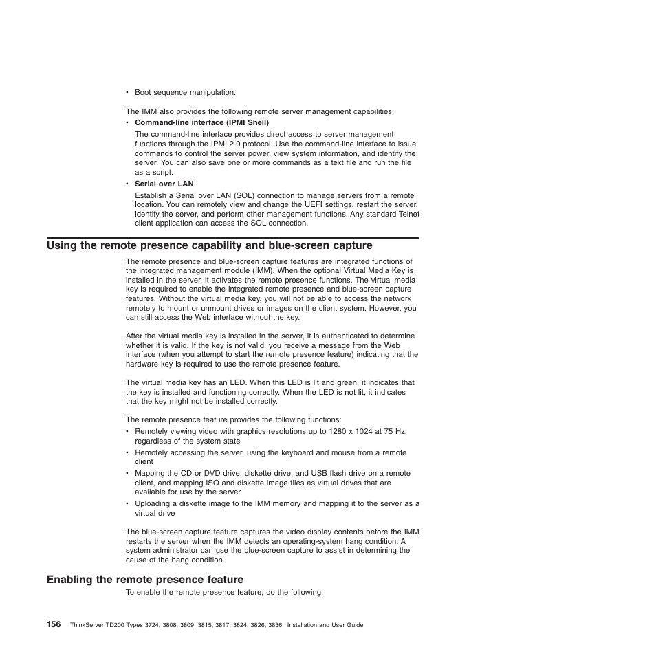 Enabling the remote presence feature | Lenovo ThinkServer TD200 User Manual | Page 174 / 228