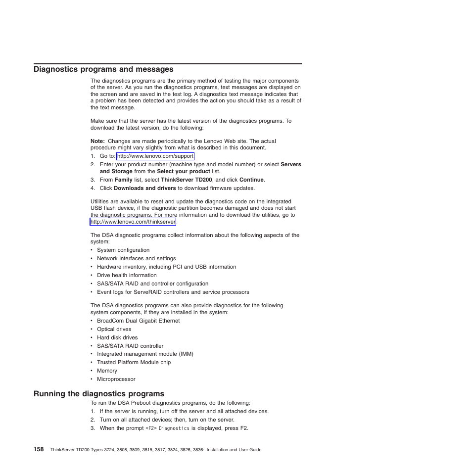 Diagnostics programs and messages, Running the diagnostics programs | Lenovo ThinkServer TD200 User Manual | Page 176 / 228