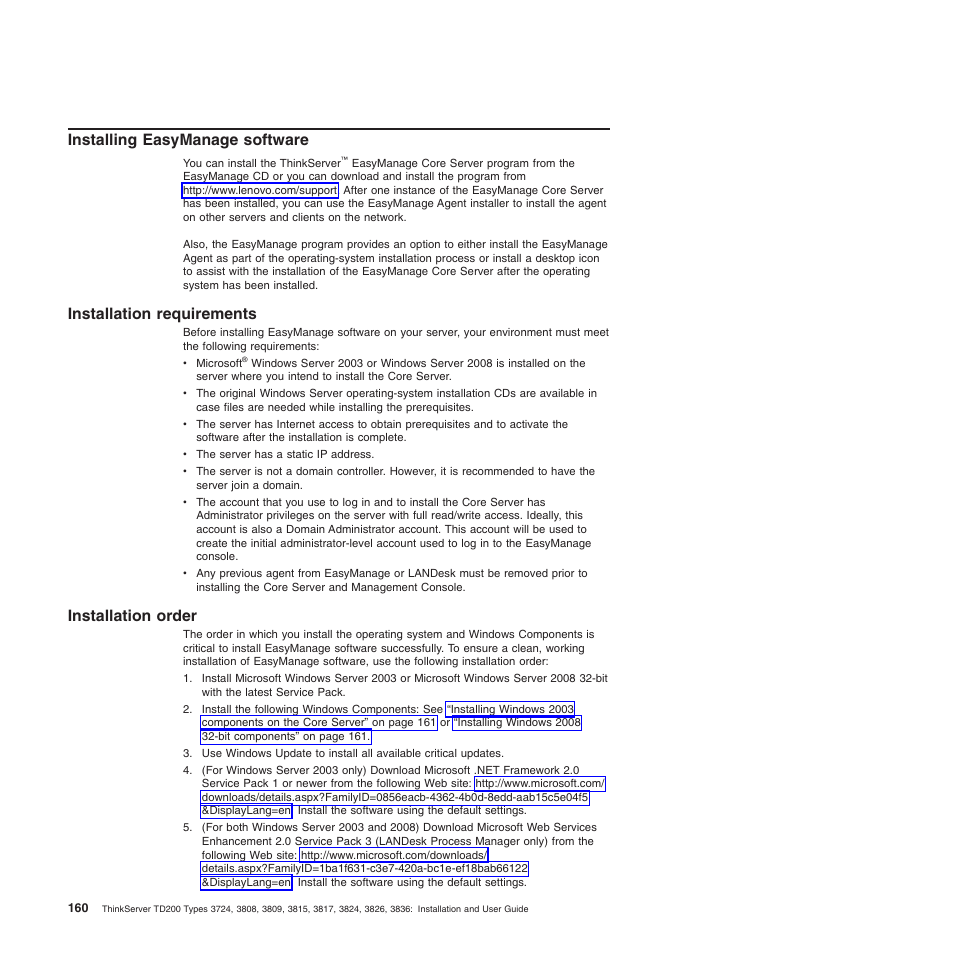 Installing easymanage software, Installation requirements, Installation order | Installation requirements installation order | Lenovo ThinkServer TD200 User Manual | Page 178 / 228