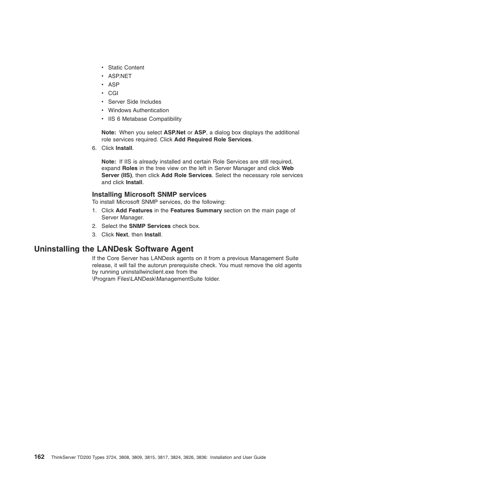 Installing microsoft snmp services, Uninstalling the landesk software agent | Lenovo ThinkServer TD200 User Manual | Page 180 / 228