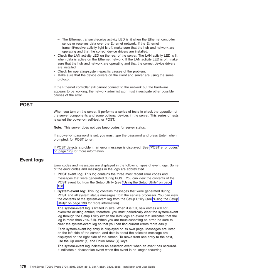 Post, Event logs, Event logs” on | Lenovo ThinkServer TD200 User Manual | Page 194 / 228