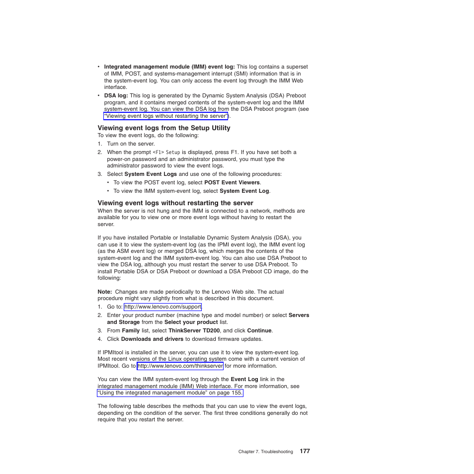 Viewing event logs from the setup utility, Viewing event logs without restarting the server | Lenovo ThinkServer TD200 User Manual | Page 195 / 228