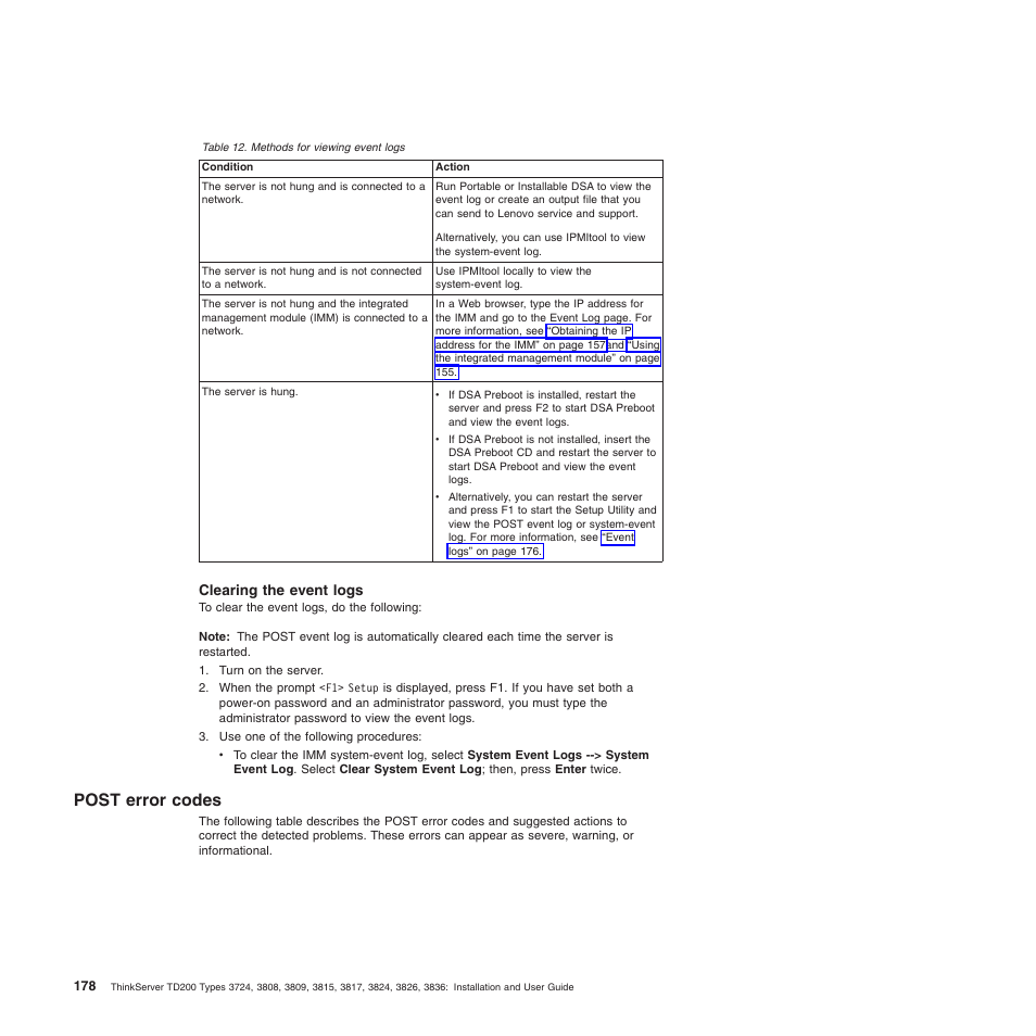 Clearing the event logs, Post error codes | Lenovo ThinkServer TD200 User Manual | Page 196 / 228
