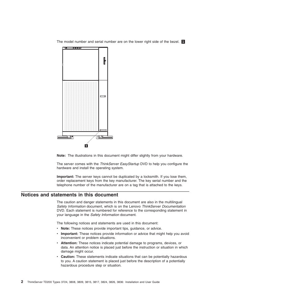 Notices and statements in this document | Lenovo ThinkServer TD200 User Manual | Page 20 / 228