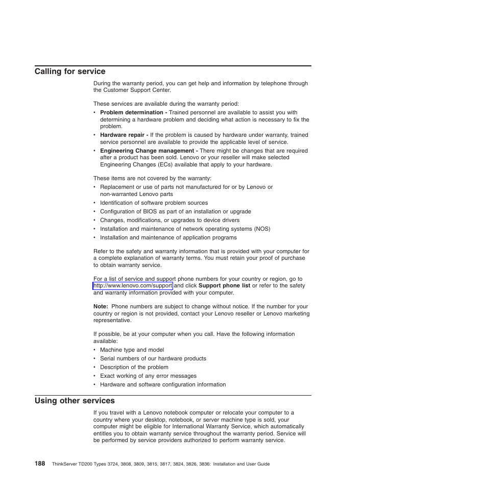 Calling for service, Using other services, Calling for service using other services | Lenovo ThinkServer TD200 User Manual | Page 206 / 228