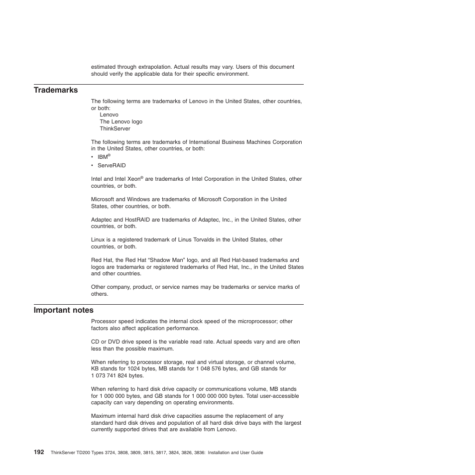 Trademarks, Important notes, Trademarks important notes | Lenovo ThinkServer TD200 User Manual | Page 210 / 228