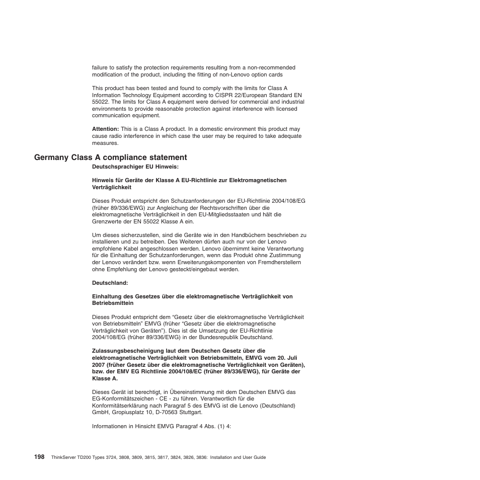 Germany class a compliance statement | Lenovo ThinkServer TD200 User Manual | Page 216 / 228