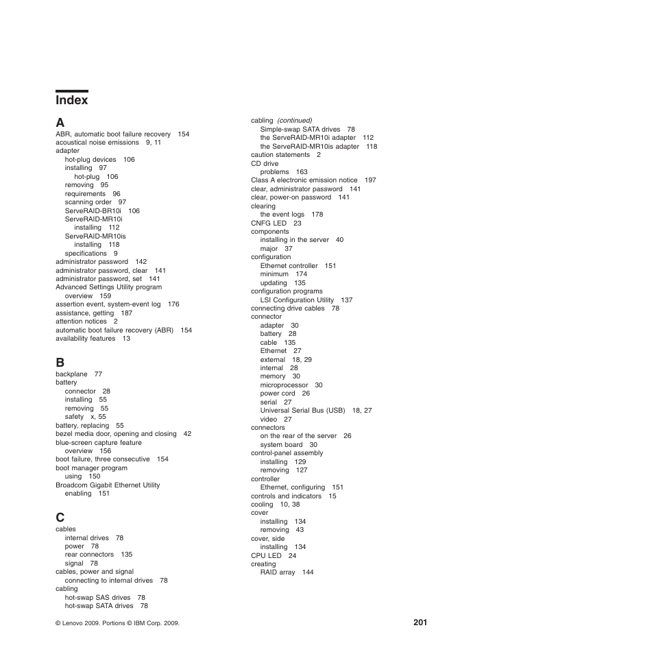 Index, Index a | Lenovo ThinkServer TD200 User Manual | Page 219 / 228