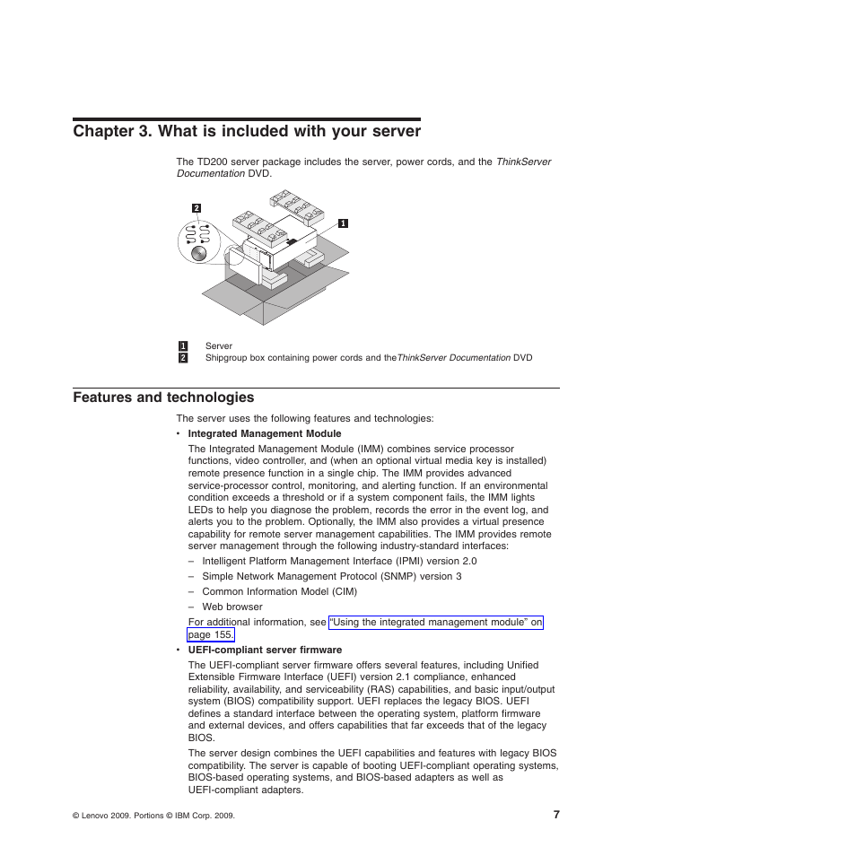 Chapter 3. what is included with your server, Features and technologies | Lenovo ThinkServer TD200 User Manual | Page 25 / 228