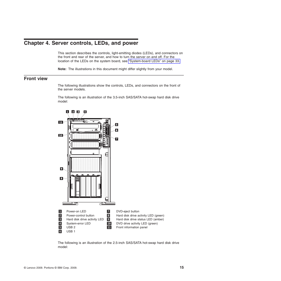 Chapter 4. server controls, leds, and power, Front view | Lenovo ThinkServer TD200 User Manual | Page 33 / 228